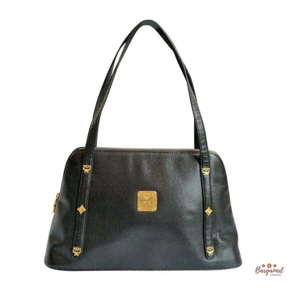 Authentic MCM Vintage Black Leather Studded Logo Motifs Medium Shoulder Bag